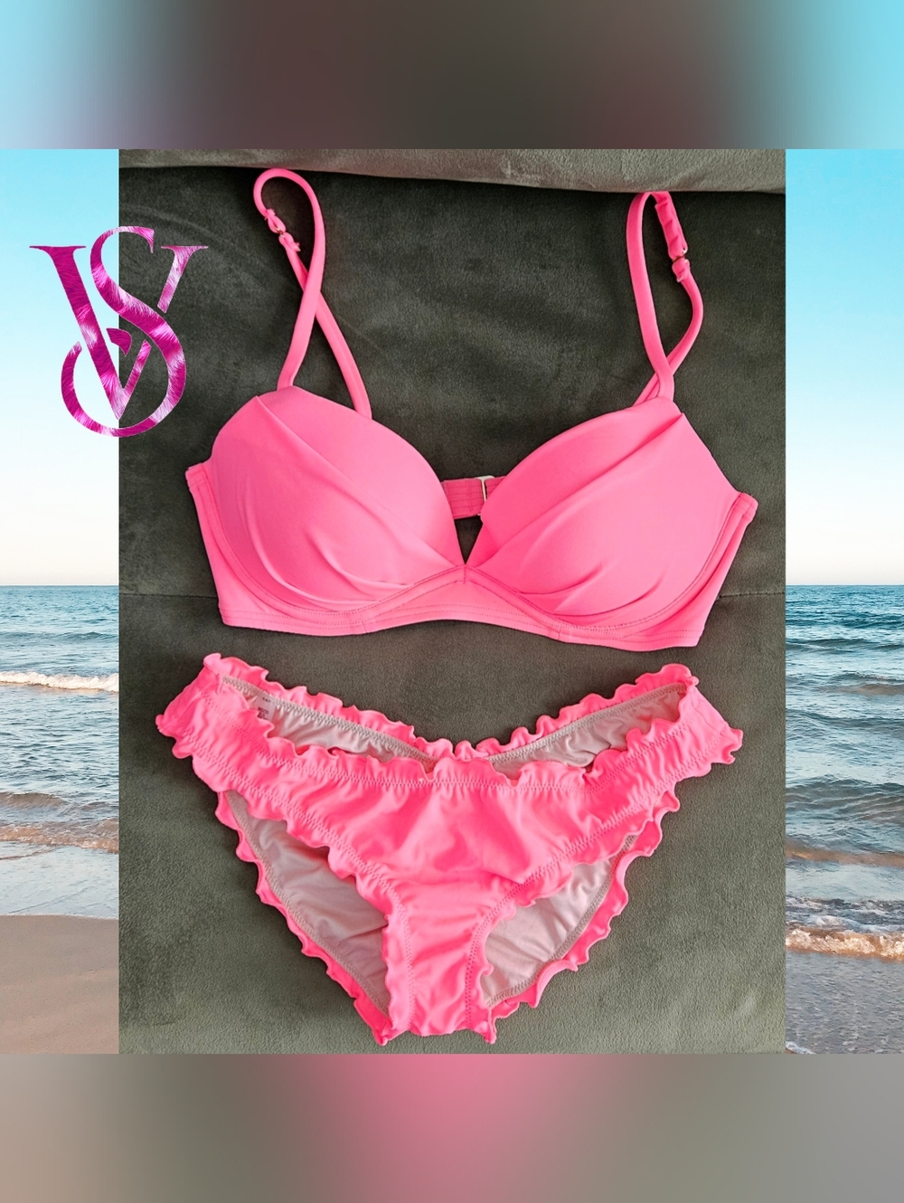 Victoria's Secret Swim Bikini Set Push Up 34C, Small Cheeky Ruffle Bottoms
